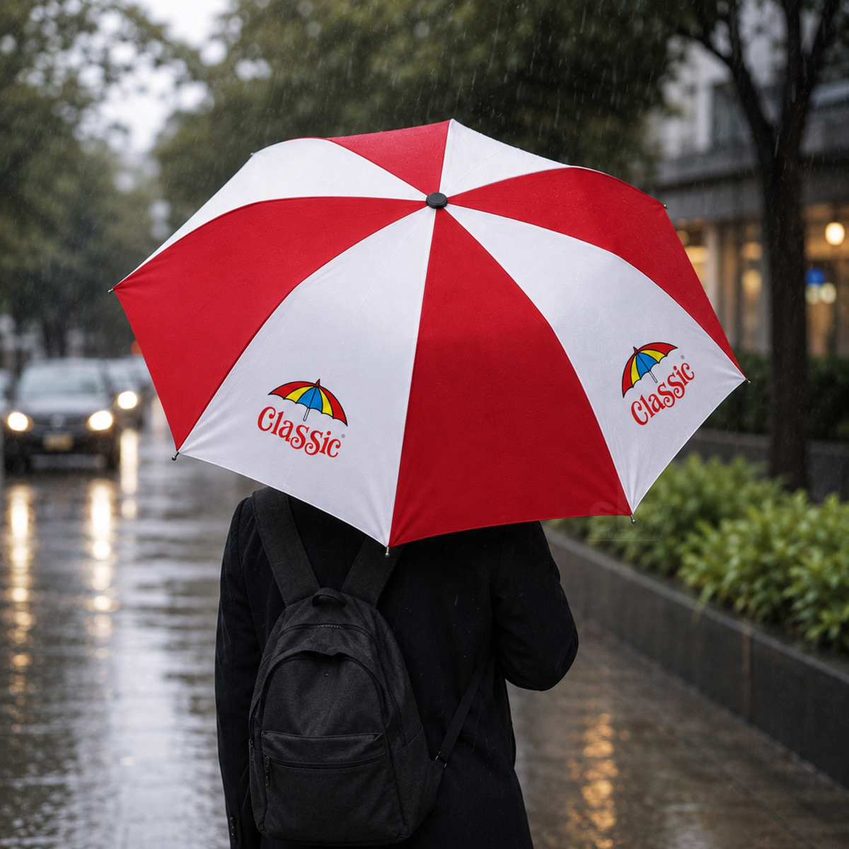 A person walking in the rain holding a red and white Classic umbrella, viewed from behind. The person is wearing a black coat and a black backpack.