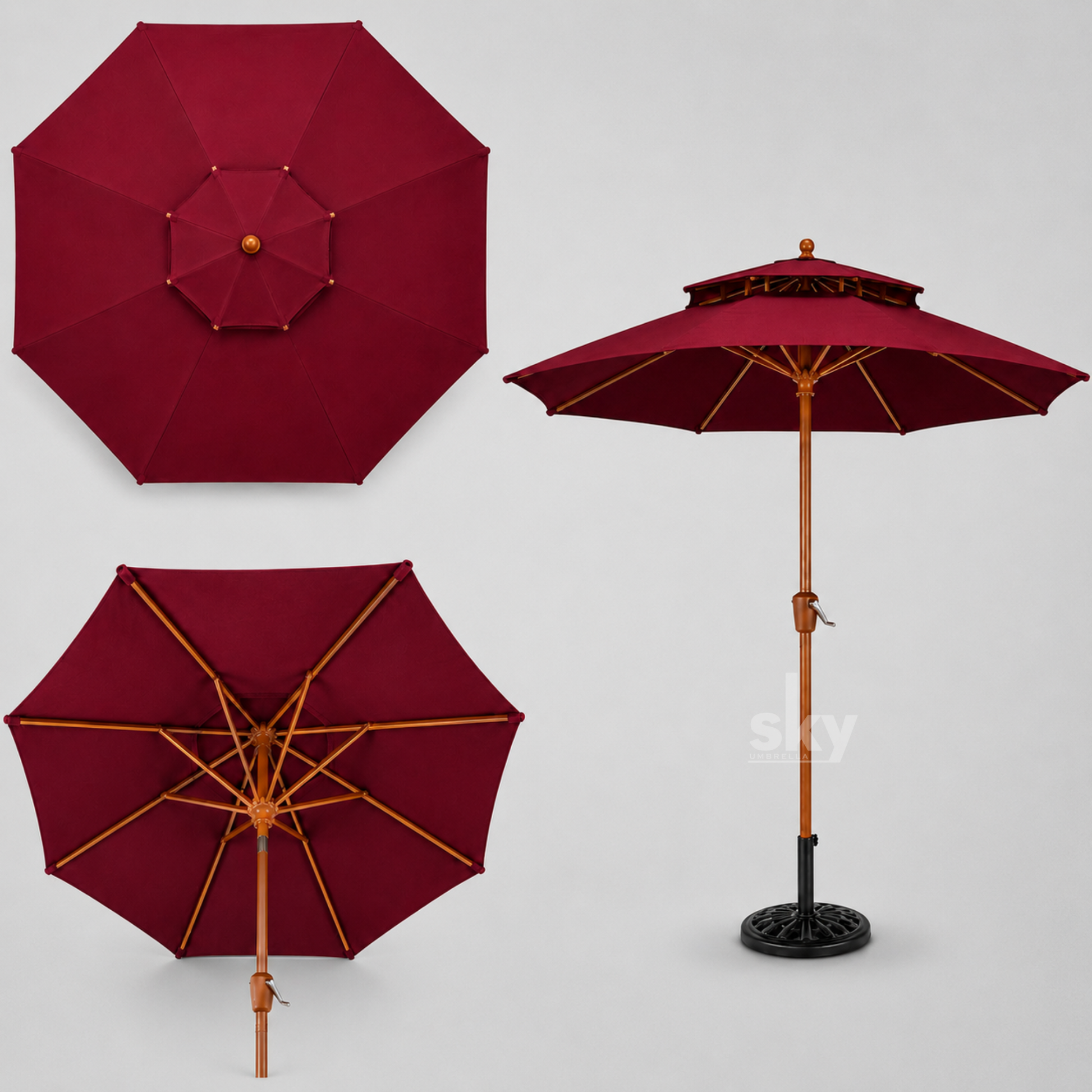 A red patio umbrella shown from three angles: top-down, bottom-up, and side view with a black weighted base and wooden finish pole on a light gray background.