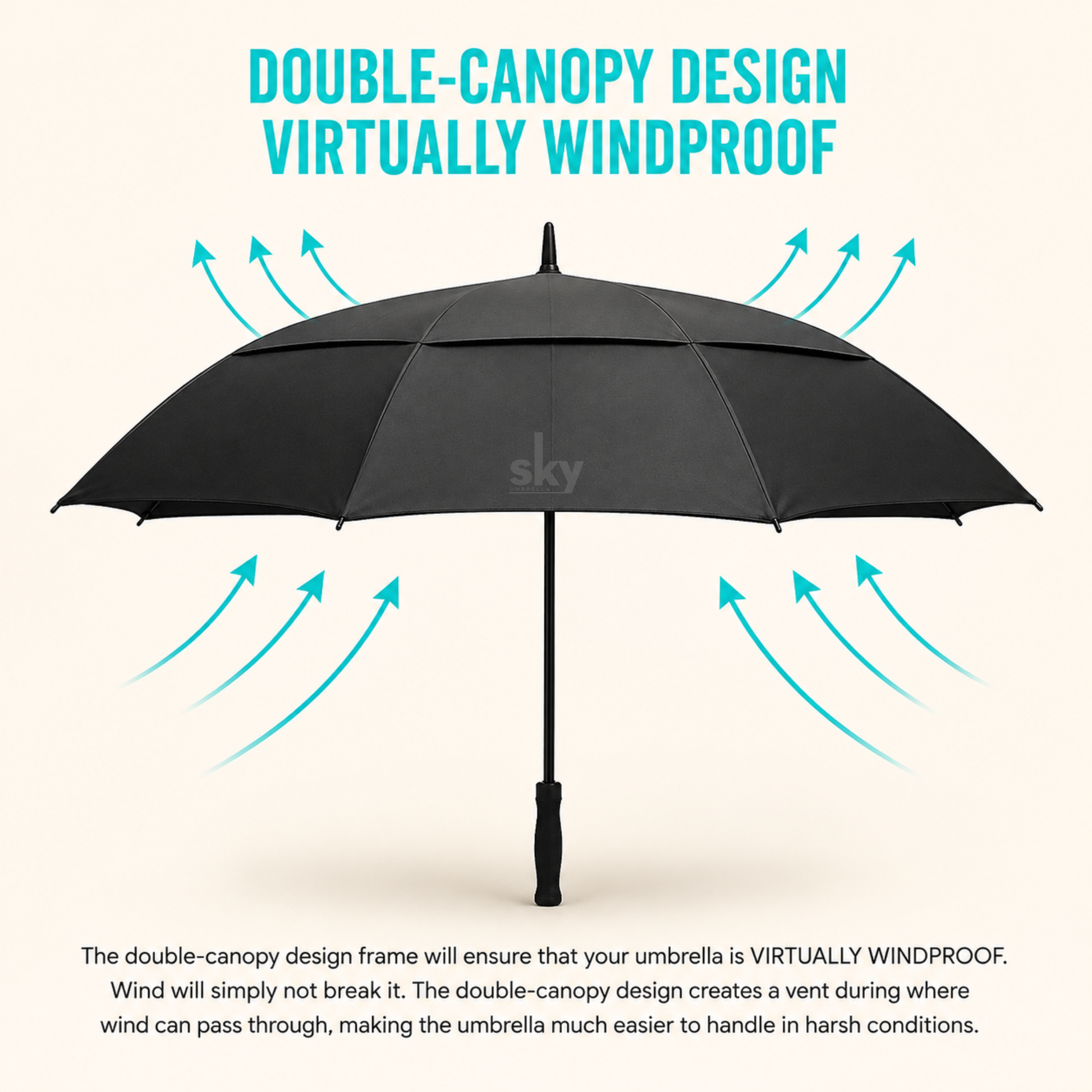 A black double-canopy umbrella centered on a light cream background with turquoise arrows and text explaining windproof design. A faint 'sky' watermark appears on the canopy.