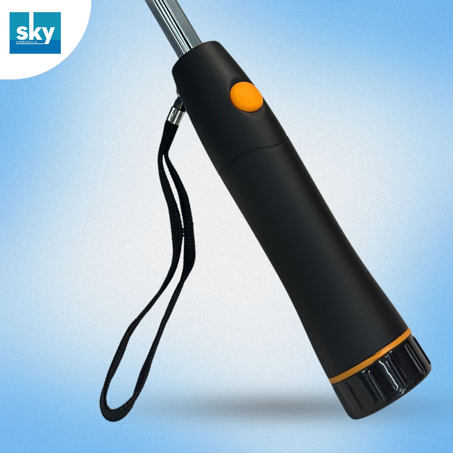 A black umbrella handle with a wrist strap, featuring a bright orange button for controlling the fan and a thin orange accent ring near the base to put 4 AA Batteries.