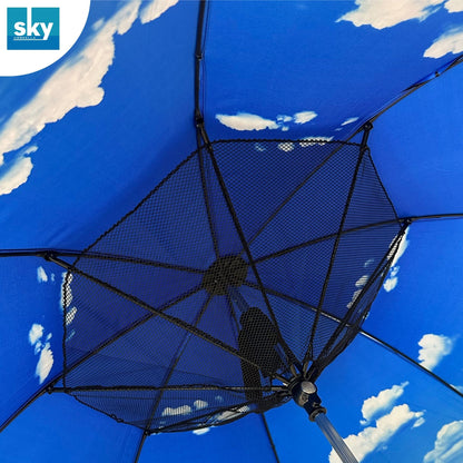 Fan Umbrella Interior printed with a white cloud pattern, viewed from underneath to show the Fan and safety Net.