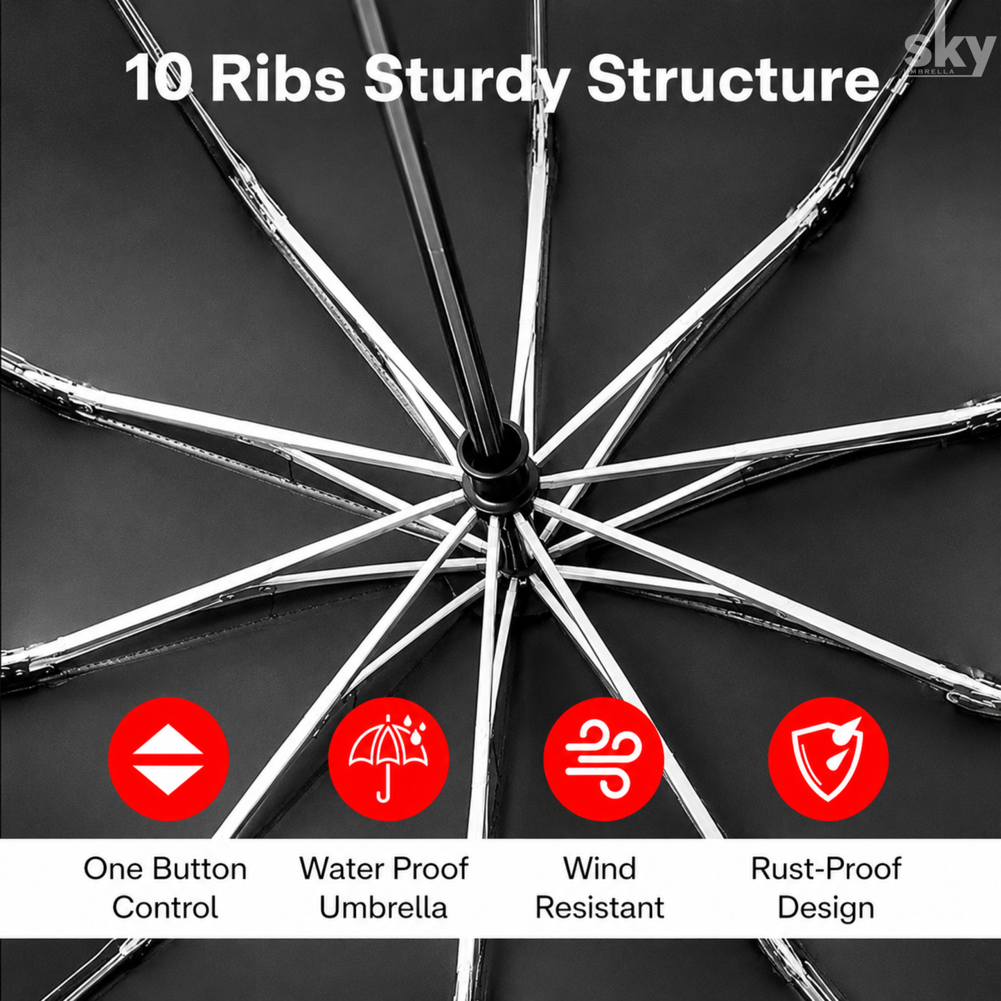 Close-up of the underside of an umbrella showing ten metal ribs radiating from the center on a dark background, with white text reading '10 Ribs Sturdy Structure' and four red feature icons for One Button Control, Water Proof Umbrella, Wind Resistant, and Rust-Proof Design.