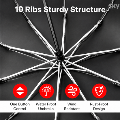 Close-up of the underside of an umbrella showing ten metal ribs radiating from the center on a dark background, with white text reading '10 Ribs Sturdy Structure' and four red feature icons for One Button Control, Water Proof Umbrella, Wind Resistant, and Rust-Proof Design.