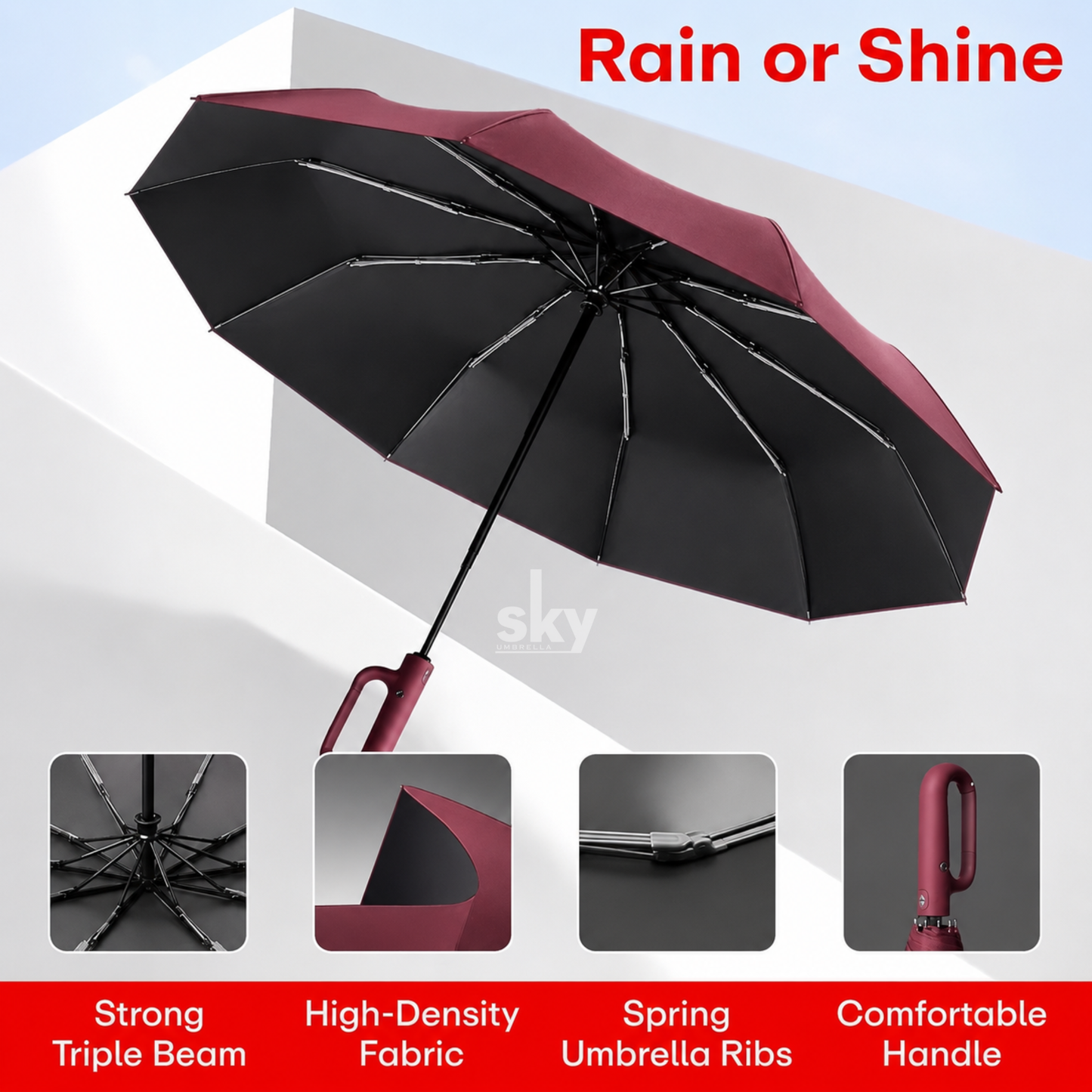 A Maroon open umbrella shown on a white geometric background with four feature callouts below: strong triple beam, high-density fabric, spring umbrella ribs and comfortable handle.