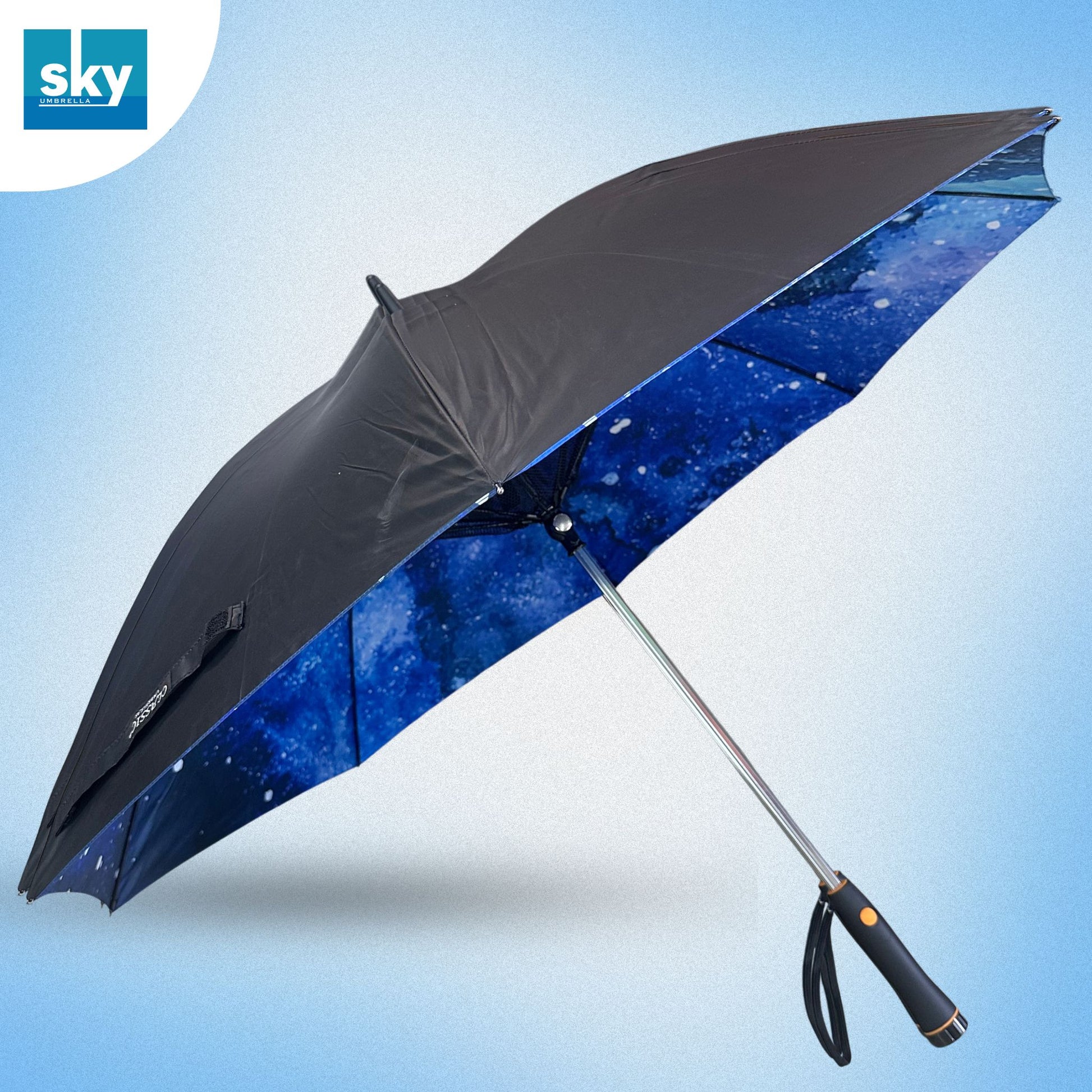 Fan umbrella Front view with a blue galaxy-patterned Inside. 