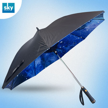 Fan umbrella Front view with a blue galaxy-patterned Inside. 