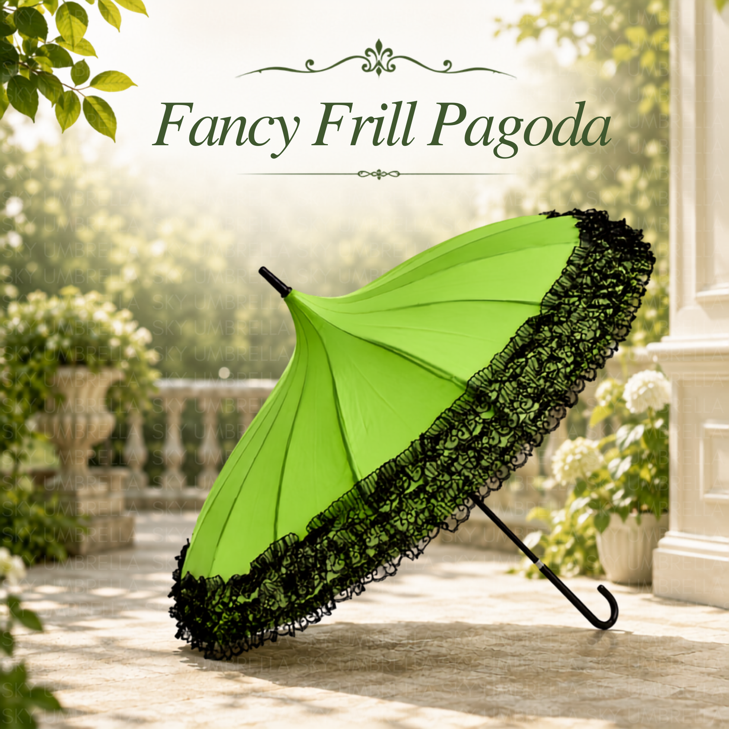 Fancy Frill Pagoda Umbrella With Long Lace Princess Handle