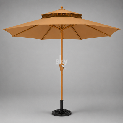 A two-tier patio umbrella with a khaki colour canopy, wooden pole finish, and black metal base, shown against a neutral gray background.