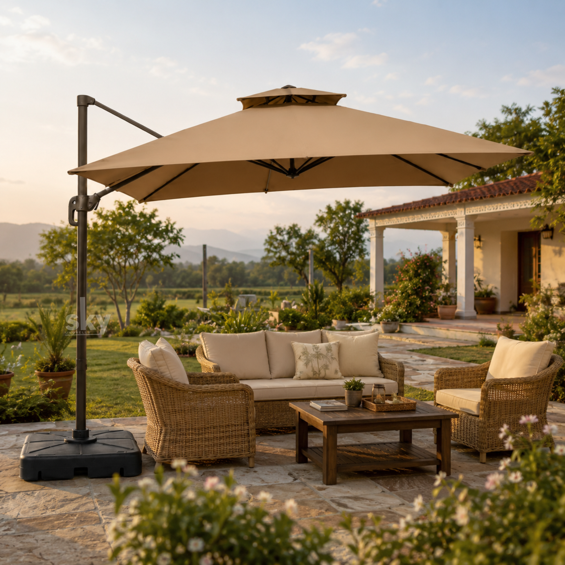 A large khaki patio umbrella with a black cantilever pole and black weighted base, shading a wicker sofa, two armchairs, and a wooden coffee table on a stone patio. The scene is set outdoors in a landscaped garden with a house in the background.