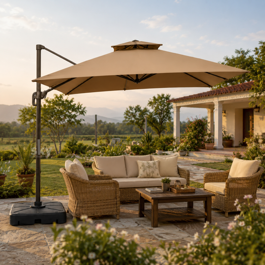 A large khaki patio umbrella with a black cantilever pole and black weighted base, shading a wicker sofa, two armchairs, and a wooden coffee table on a stone patio. The scene is set outdoors in a landscaped garden with a house in the background.