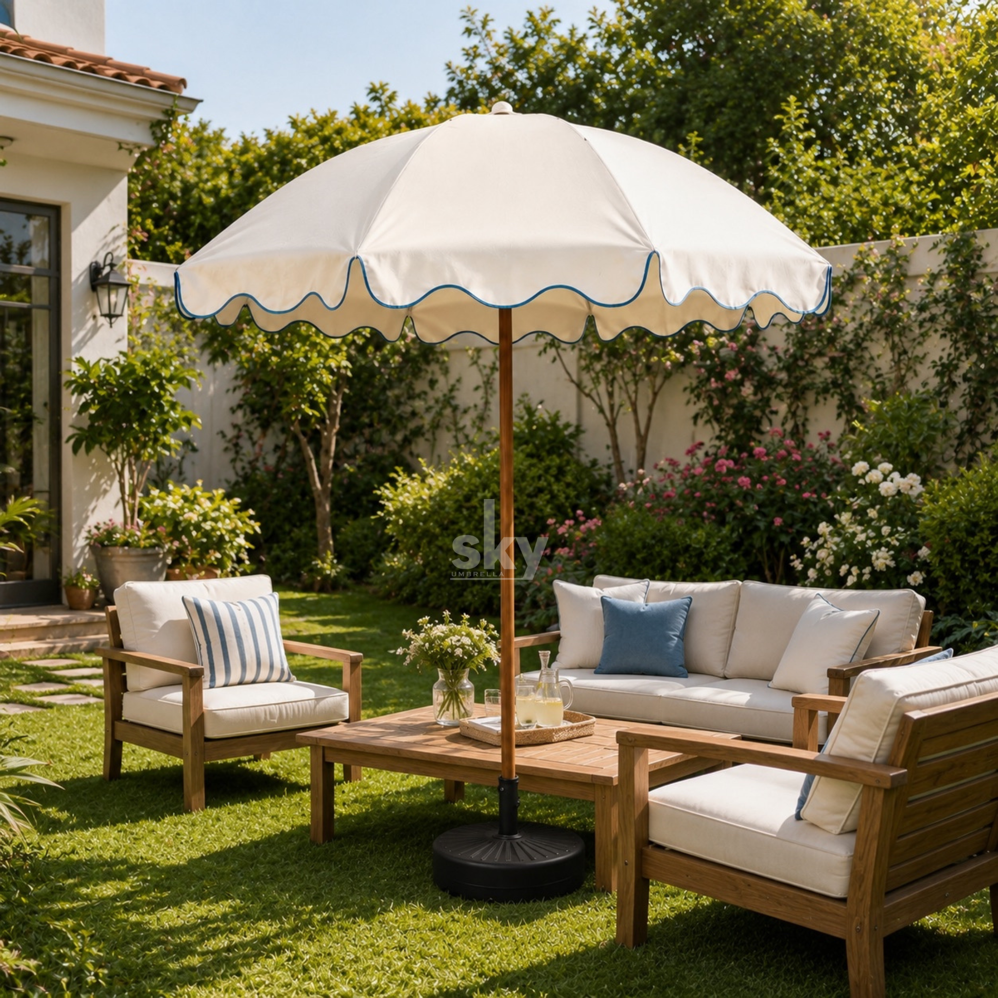 A large white patio umbrella with a scalloped edge. The umbrella is surrounded by a wooden outdoor sofa, two matching armchairs with cream cushions, and a low wooden coffee table on a green lawn.