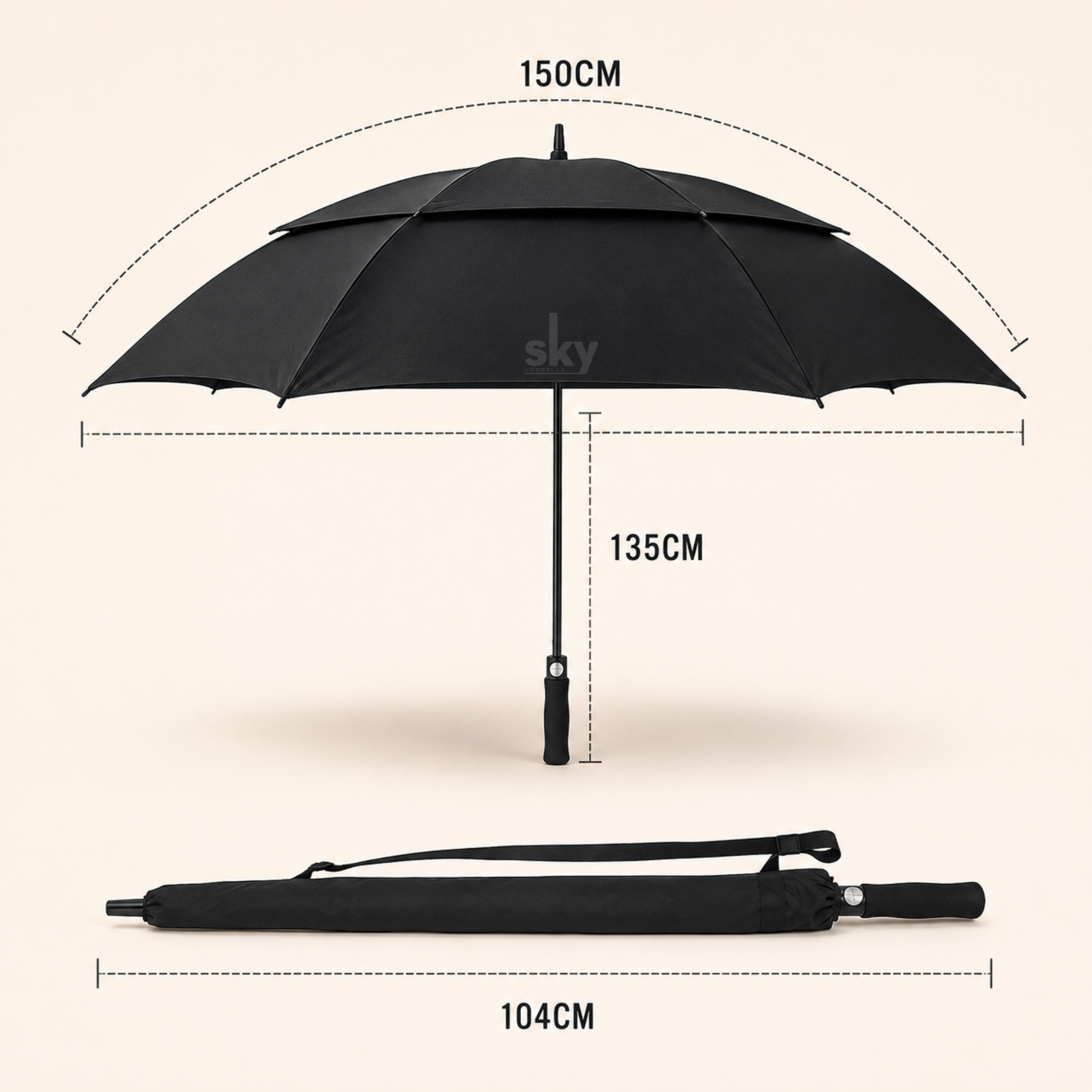 A black umbrella shown with dimension annotations: the open canopy spans 150 cm, the handle height is 135 cm, and the folded umbrella measures 104 cm. The umbrella has a subtle 'sky' logo printed on the canopy.