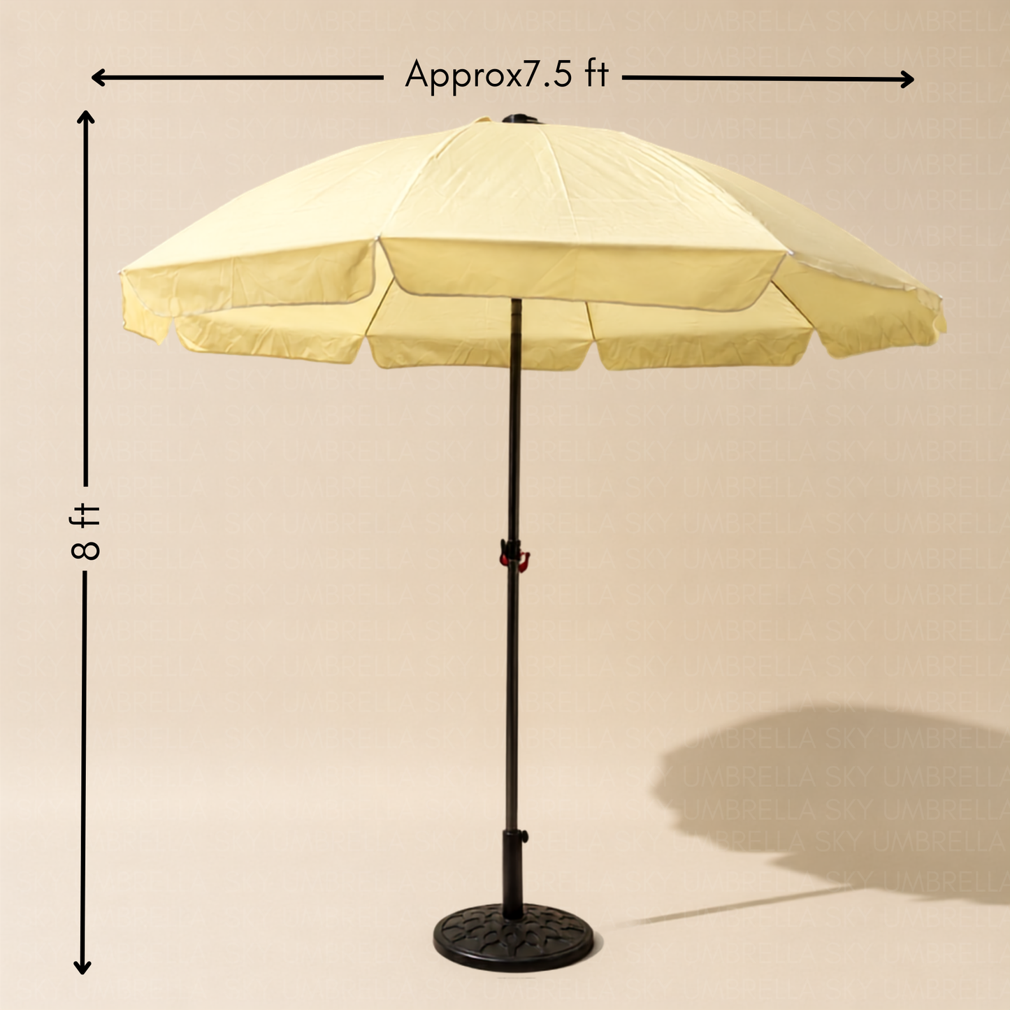 A off white patio umbrella with a black pole and round base, shown on a beige background with measurement arrows indicating approximately 7.5 feet wide and 8 feet height 