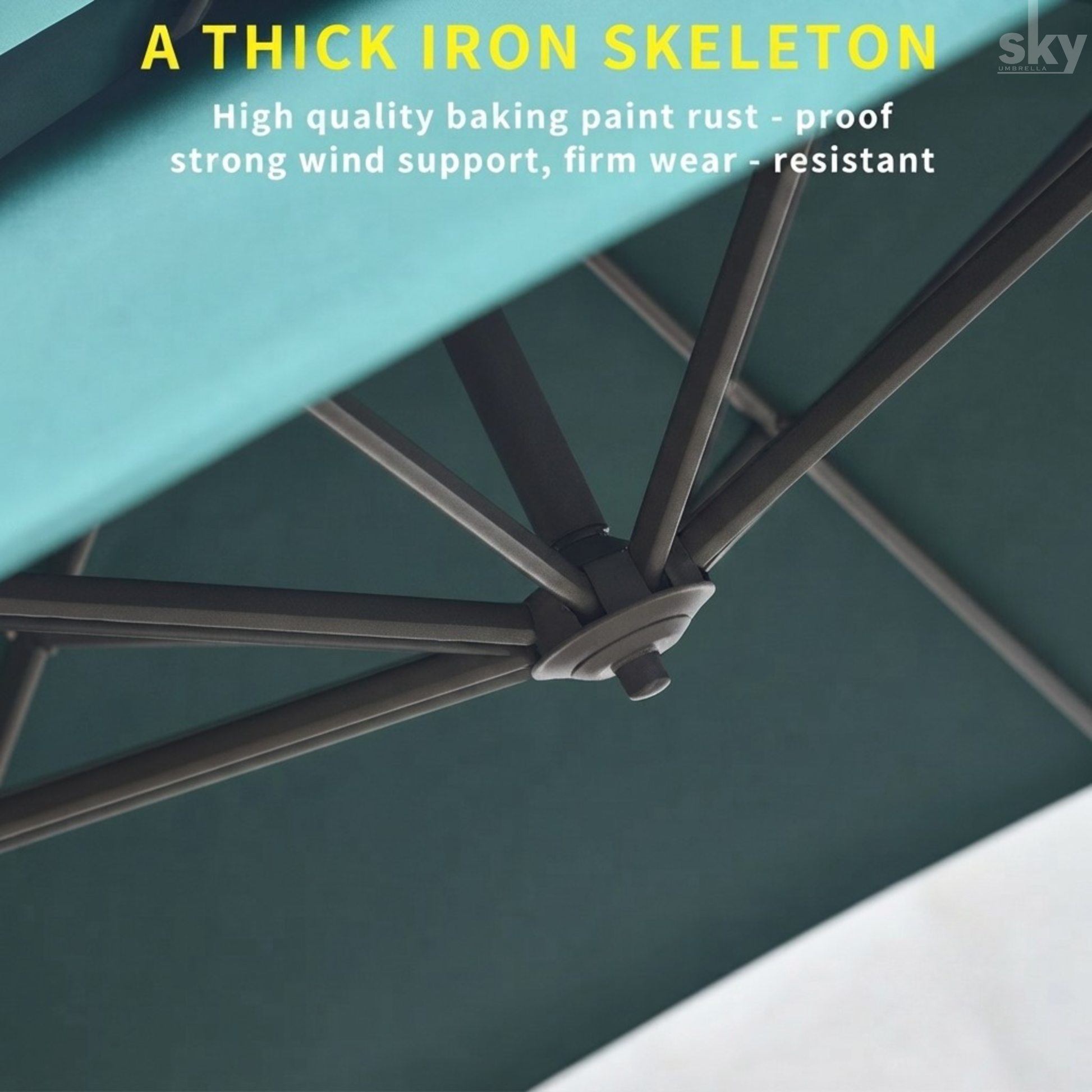 Close-up of an outdoor umbrella canopy and metal frame, with text overlay reading 'A THICK IRON SKELETON' and descriptive copy about rust-proof baking paint and strong wind support.
