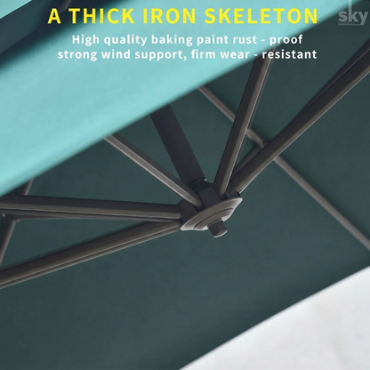 Close-up of an outdoor umbrella canopy and metal frame, with text overlay reading 'A THICK IRON SKELETON' and descriptive copy about rust-proof baking paint and strong wind support.