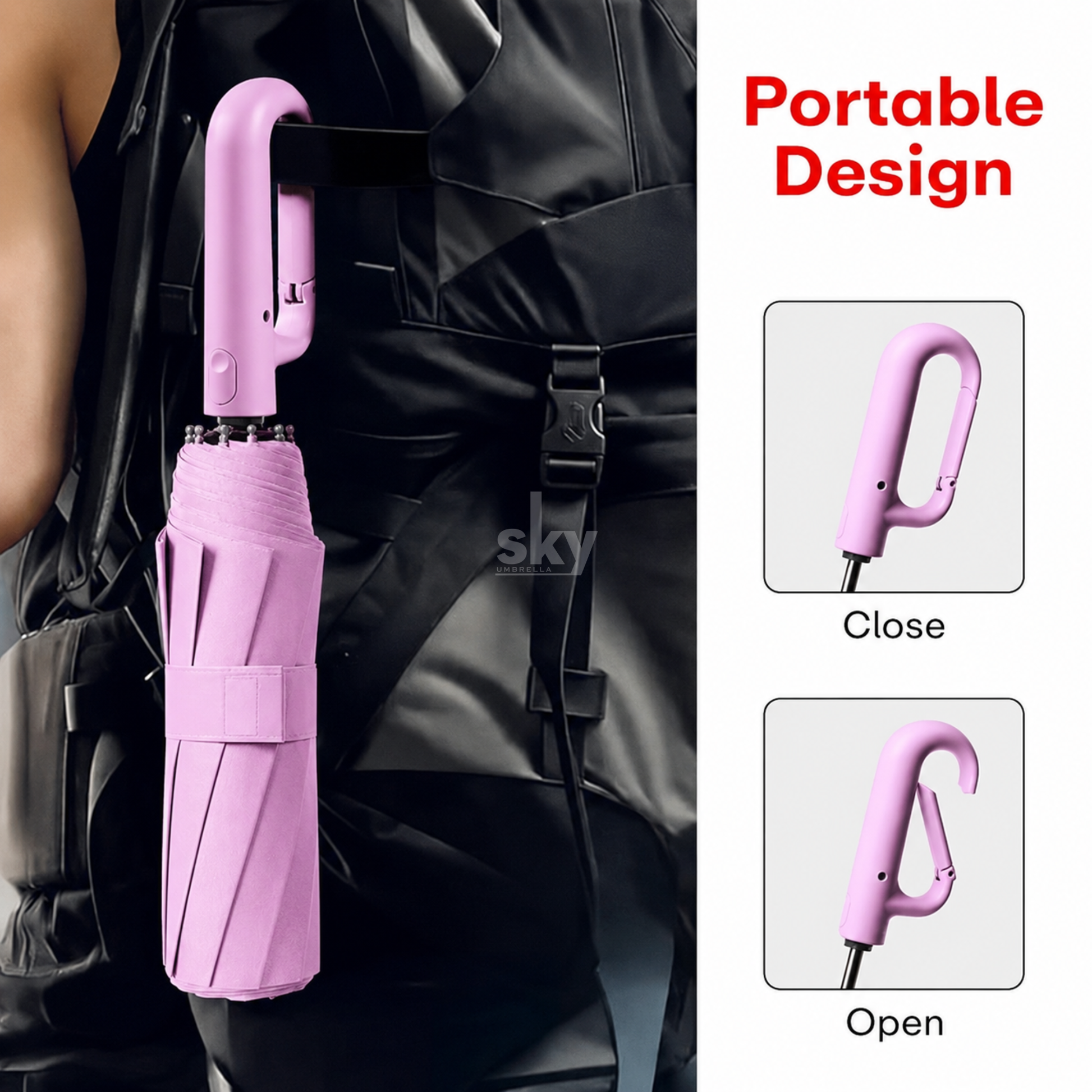 A pink compact 3 fold umbrella with a carabiner clip is shown attached to a black hiking backpack. The left side shows the umbrella closed on the backpack, while the right side has a white panel with red text reading 'Portable Design' and two inset photos showing the clip open and closed.