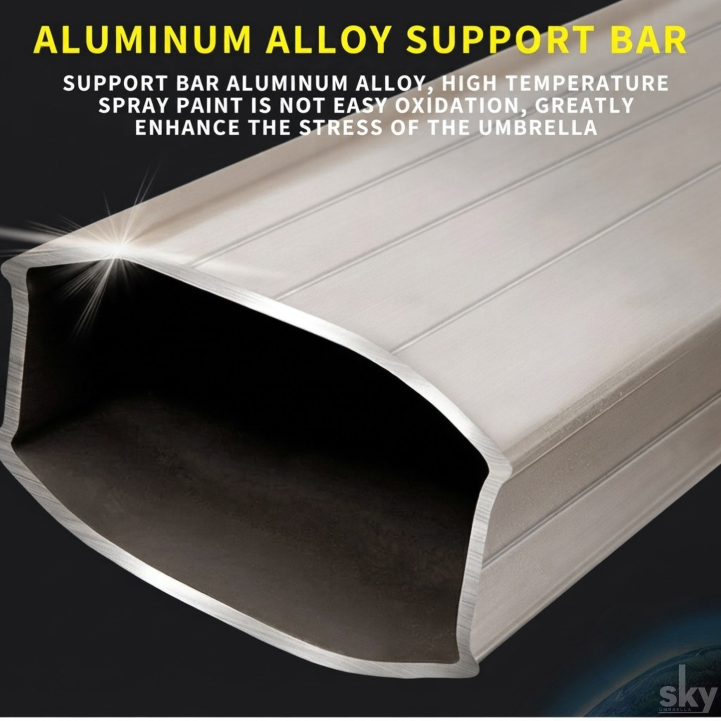 An aluminum alloy support bar with a hollow, ribbed profile shown on a dark background with promotional text about its high-temperature spray paint and stress enhancement.