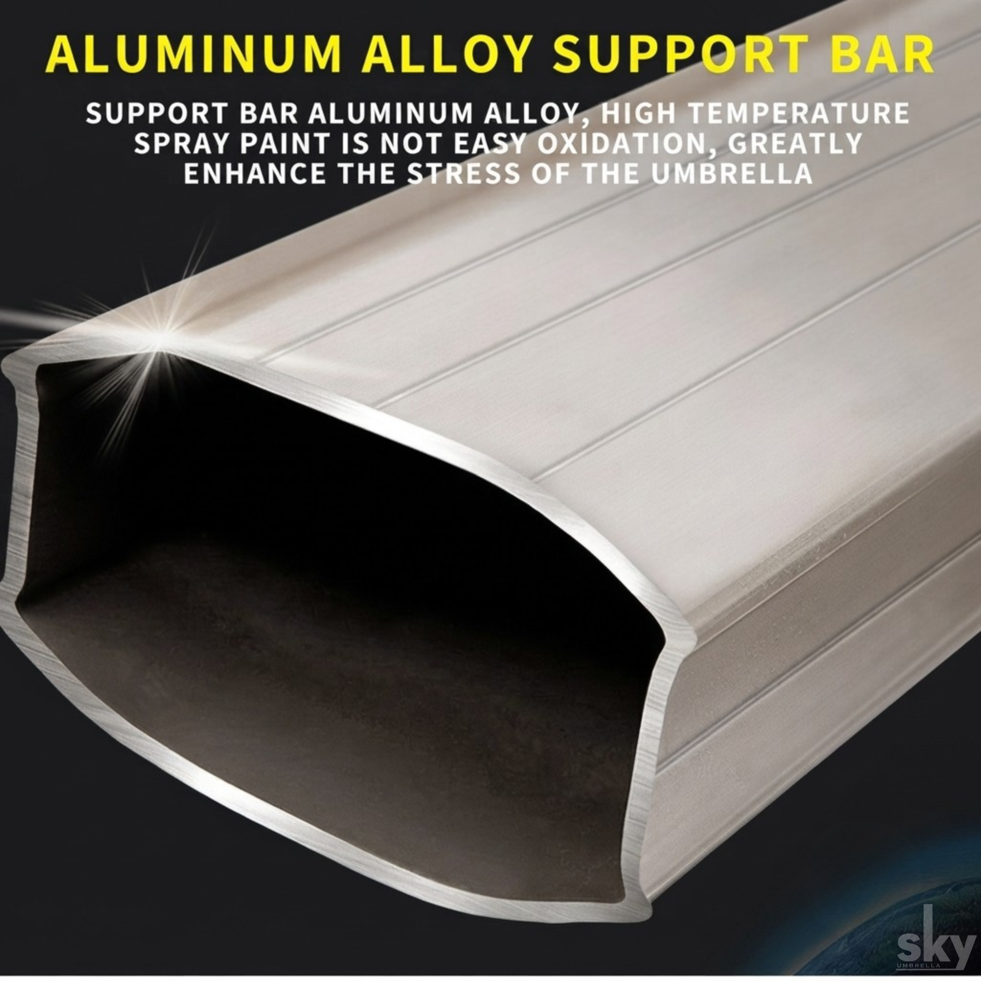 An aluminum alloy support bar with a hollow, ribbed profile shown on a dark background with promotional text about its high-temperature spray paint and stress enhancement.