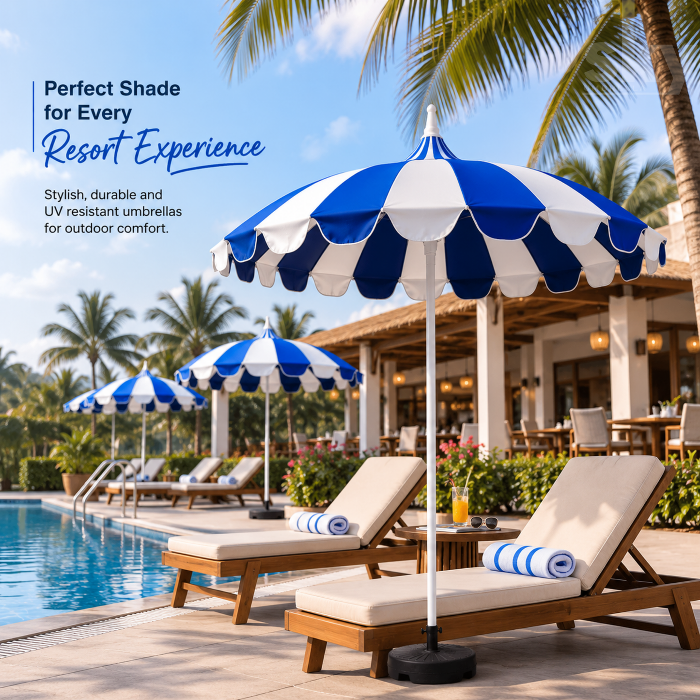 Blue and white resort umbrella beside a swimming pool, ideal for hotels, resorts, cafes and outdoor lounges.
