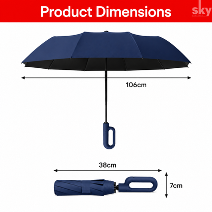 Product dimensions diagram of a Dark blue umbrella, showing the open umbrella with a 106cm width, a folded umbrella with a 38cm width, and a 7cm handle height, on a white background with a red header reading 'Product Dimensions'.
