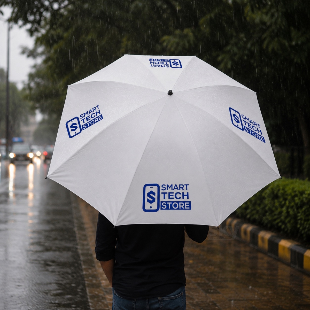A person holding a large white umbrella branded with 'SMART TECH STORE' logos, standing on a wet city street in the rain.