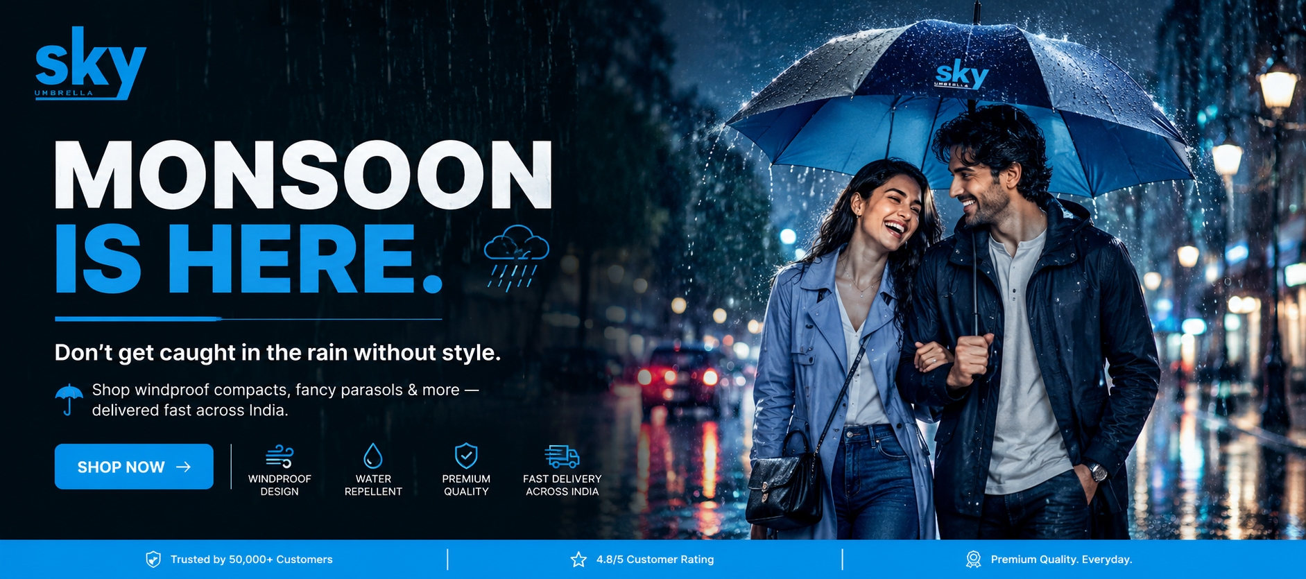Couple under a blue umbrella with 'sky' branding, raindrops on glass, and promotional text for monsoon accessories.