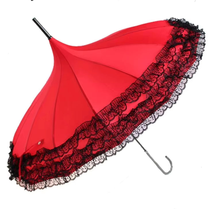 Fancy Frill Pagoda Umbrella With Long Lace Princess Handle - Classic Umbrella