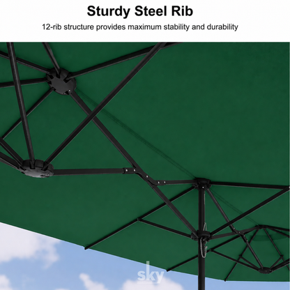 Green patio umbrella underside with black steel ribs and text reading 'Sturdy Steel Rib' and '12-rib structure provides maximum stability and durability' on a white banner.