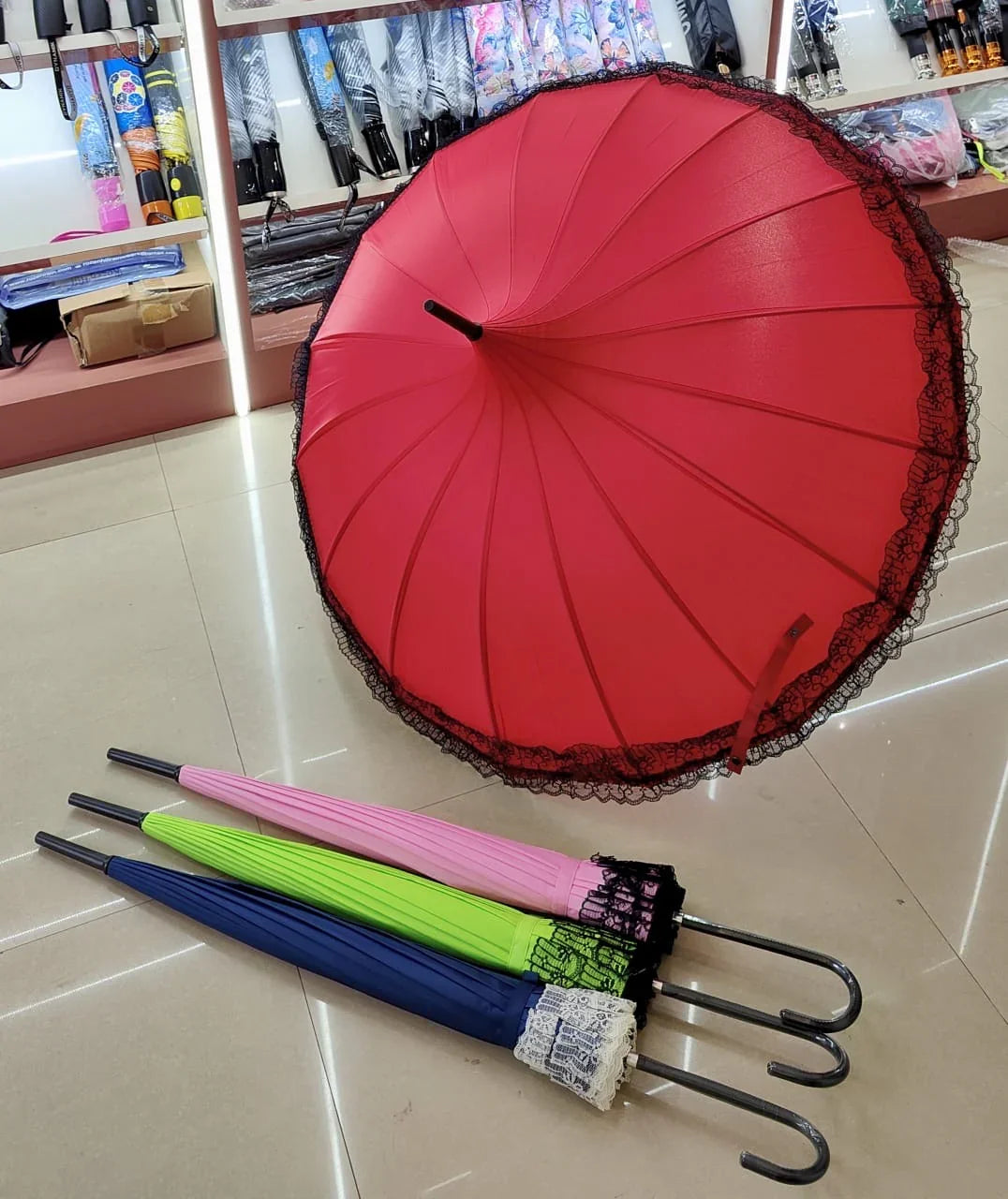 Fancy Frill Pagoda Umbrella With Long Lace Princess Handle - Classic Umbrella