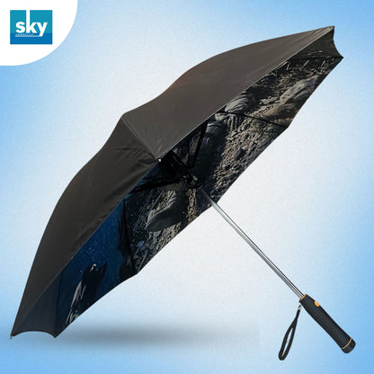 Fan umbrella with a printed space-themed design on the inside, featuring a silver metal shaft and a black grip. Front View of Fan Umbrella