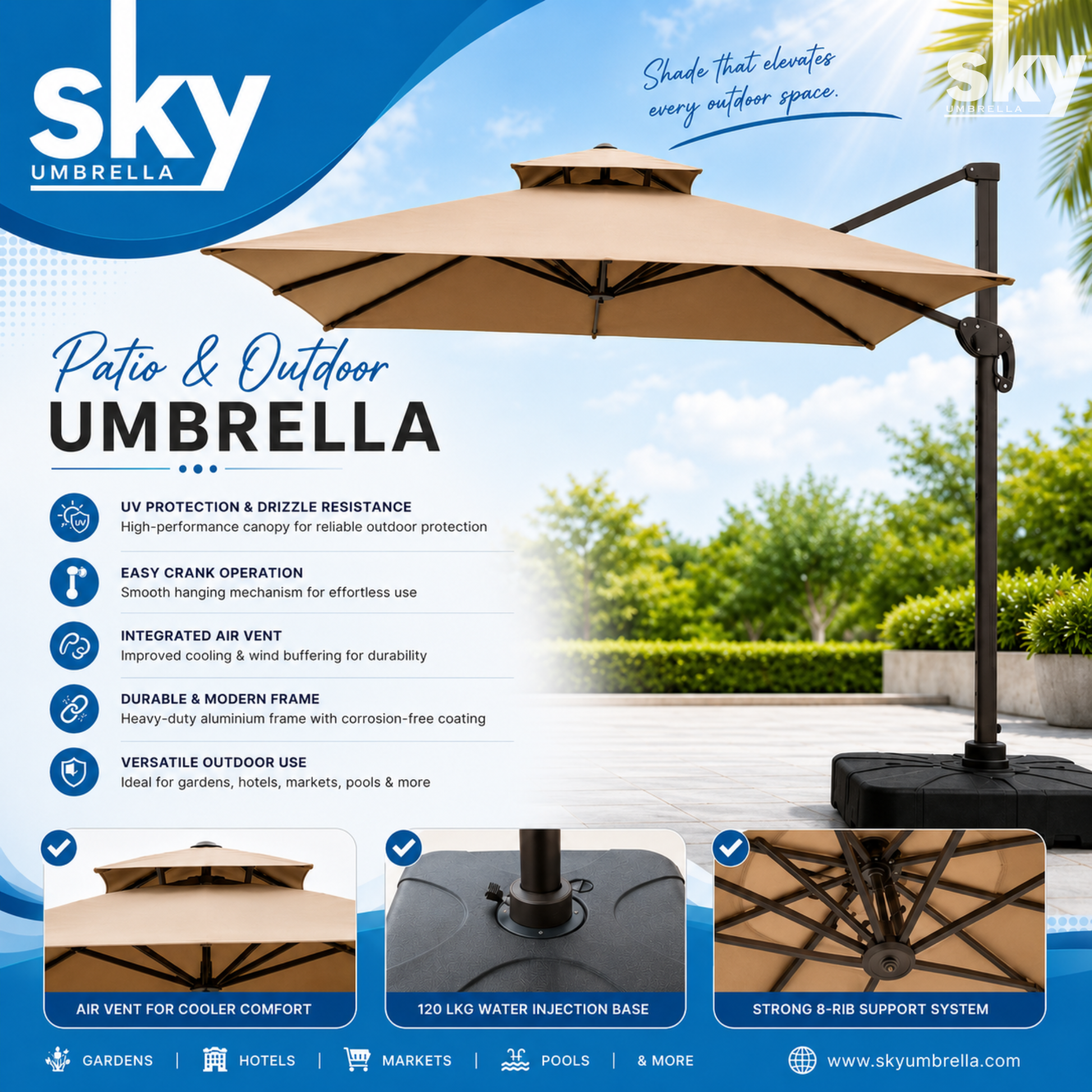 10ft Double top Deluxe Square patio Umbrella which has Air Vent for cooler comfort, 120kg water injection base, strong 8 rib support System. This is ideal for gardens, hotels, markets, pools, etc 
