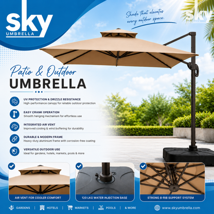 10ft Double top Deluxe Square patio Umbrella which has Air Vent for cooler comfort, 120kg water injection base, strong 8 rib support System. This is ideal for gardens, hotels, markets, pools, etc 