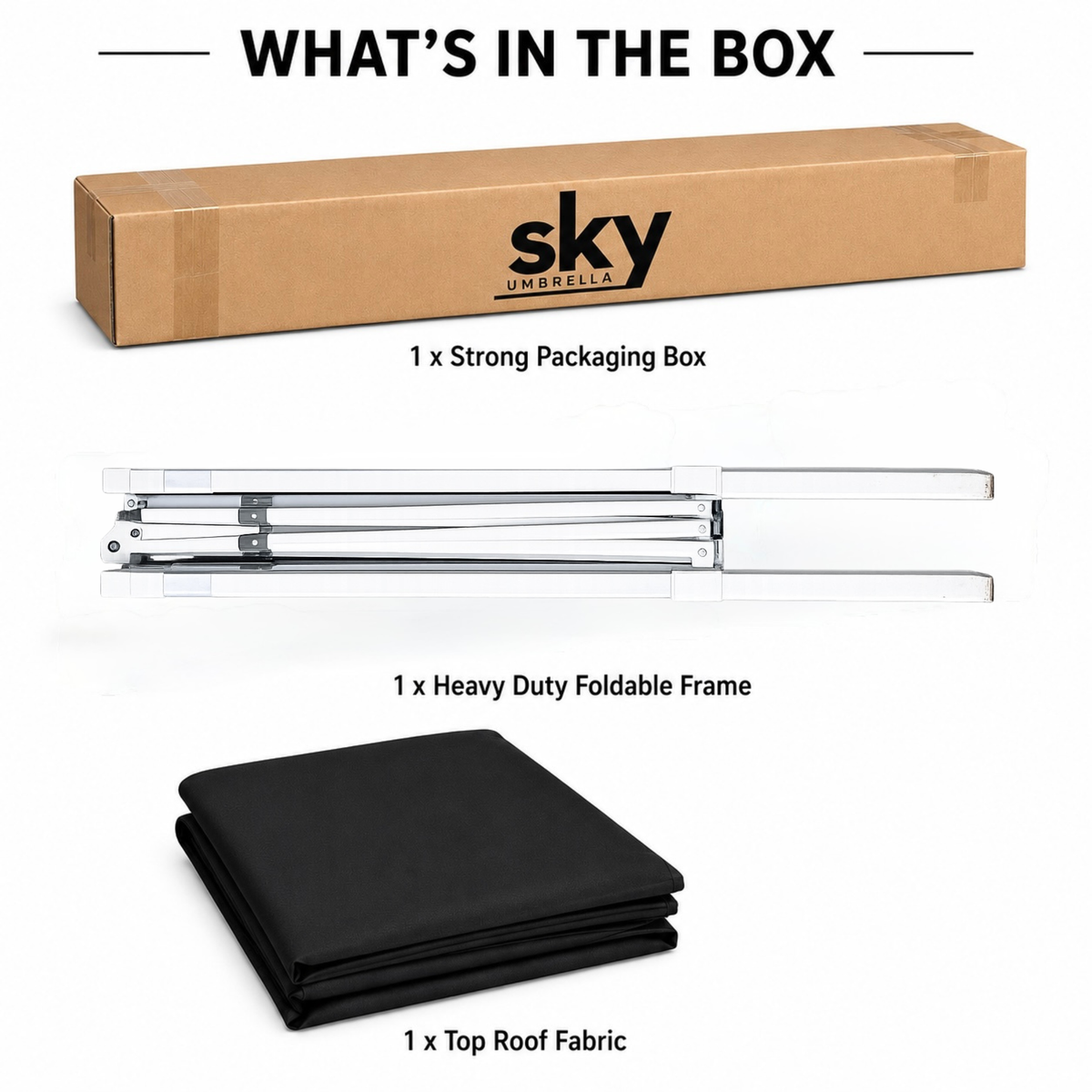 A 'What's in the Box' product overview for a Sky Umbrella heavy-duty foldable frame. The image shows a brown cardboard shipping box with the black 'sky UMBRELLA' logo, a folded black top roof fabric, and a clear heavy-duty aluminum frame, all labeled with text on a white background.