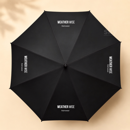 A black open umbrella viewed from above, with white 'WEATHER WISE Rainwear' branding printed on multiple panels, set against a warm beige background with soft leaf shadows.
