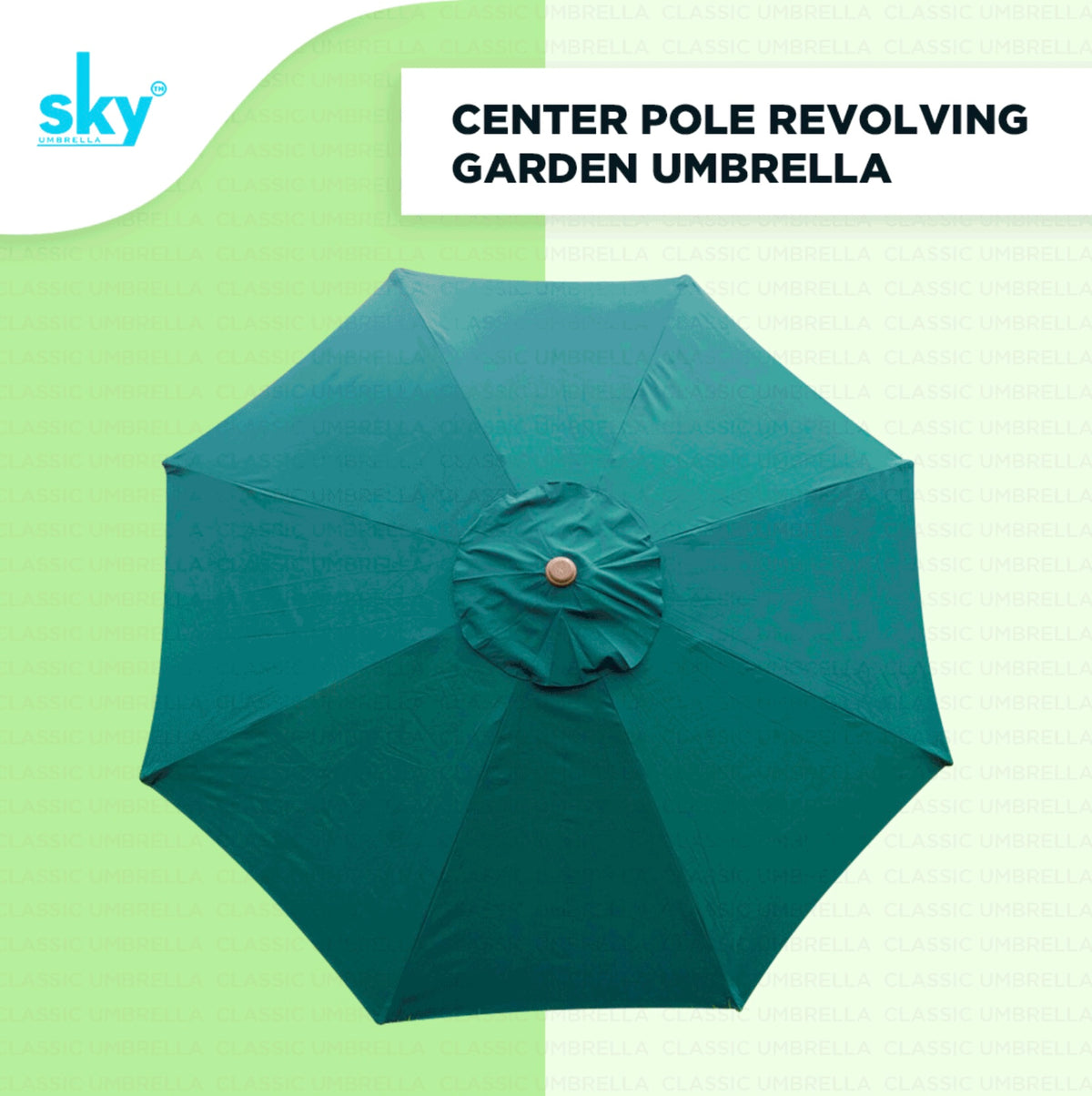 A top-down view of a green patio umbrella with its center pole extended, set against a split light green and white background with text reading 'CENTER POLE REVOLVING GARDEN UMBRELLA' and a 'sky' logo in the corner.