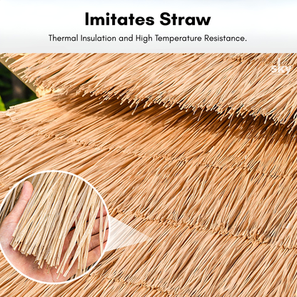 A close-up of a thatched roof made of natural straw-coloured strips of the thatch side pole umbrella with text reading 'Imitates Straw' and 'Thermal Insulation and High Temperature Resistance.' A circular inset shows a hand holding a bundle of the straw strips.