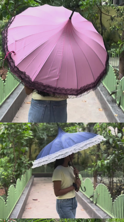 Fancy Frill Pagoda Umbrella With Long Lace Princess Handle